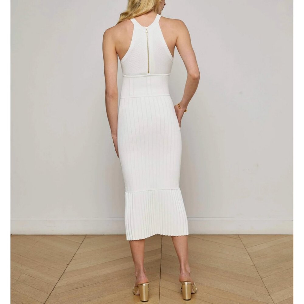 NWT L'AGENCE Kimi Pleat Hem Midi Dress - White Ivory French Knit Quiet Lux - Picture 5 of 12